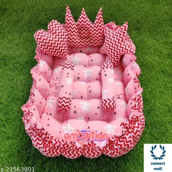 Pink Unique Newborn Baby Round Tub Bedding Set, Reversible Bed Set Cum Mattress with 3 Multi Shape Pillows for Newborn to Toddlers ( Blue& Sky Blue) - Red & Pink